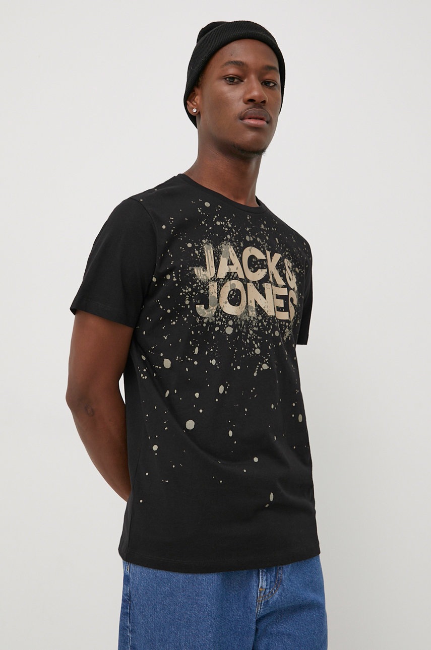 

Памучна тениска Jack & Jones в черно с принт, Черен