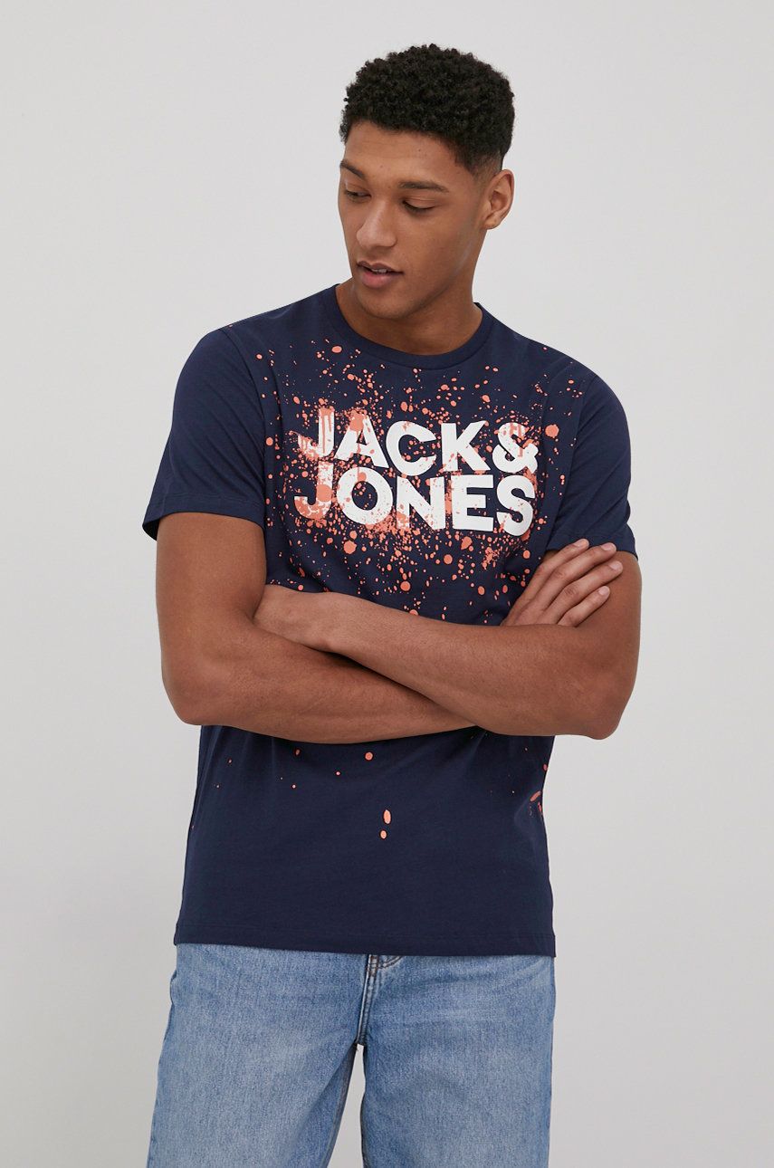 Jack & Jones tricou din bumbac culoarea albastru marin, cu imprimeu