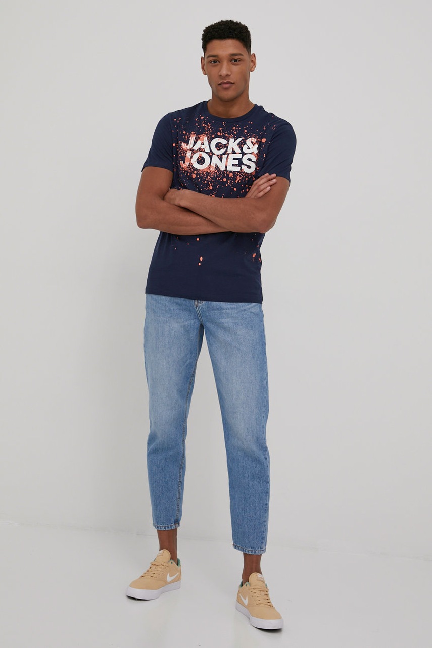 

Хлопковая футболка Jack & Jones цвет синий с принтом