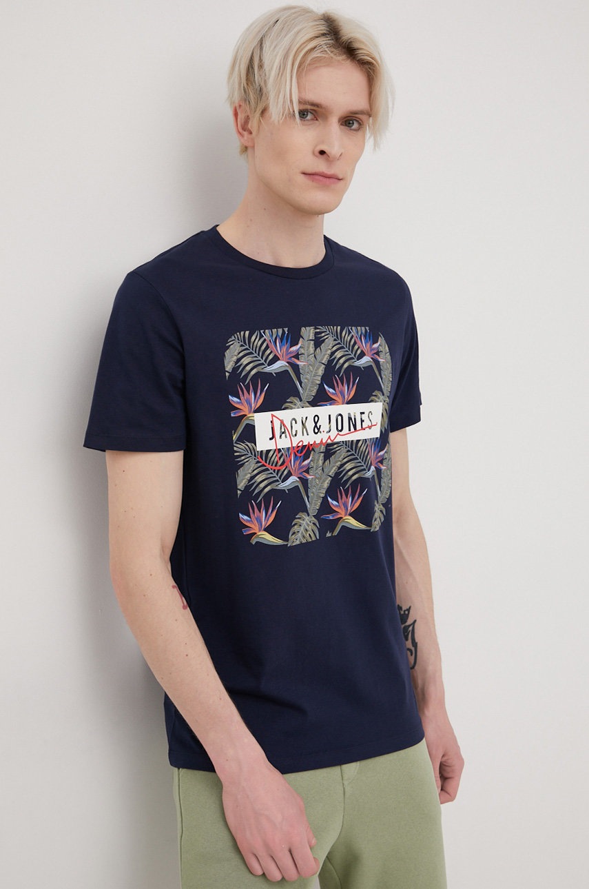 

Памучна тениска Jack & Jones в тъмносиньо с принт, Тъмносин