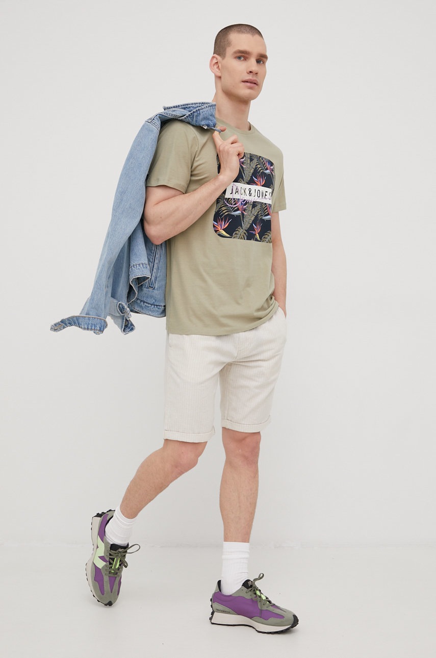 

Памучна тениска Jack & Jones в зелено с принт, Зелен