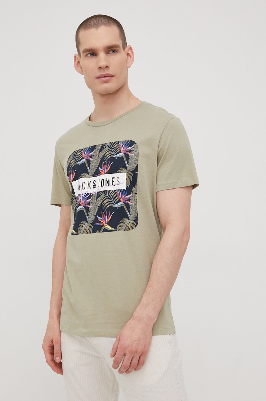 

Бавовняна футболка Jack & Jones колір зелений з принтом