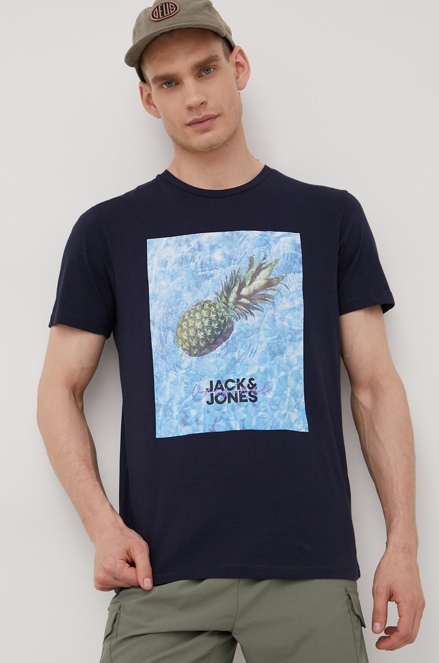 

Памучна тениска Jack & Jones в тъмносиньо с принт, Тъмносин