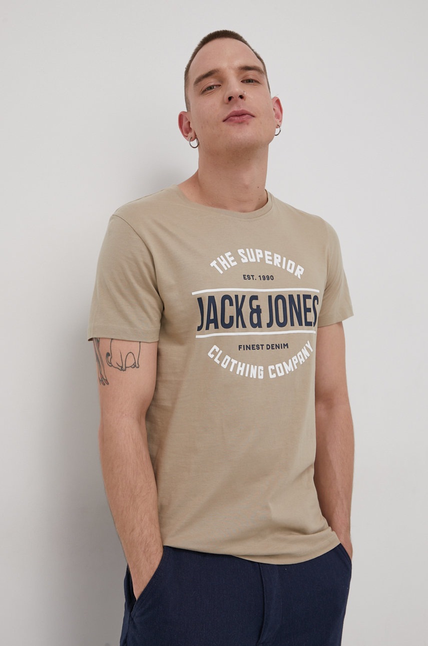 

Памучна тениска Jack & Jones в бежово с принт, Бежов