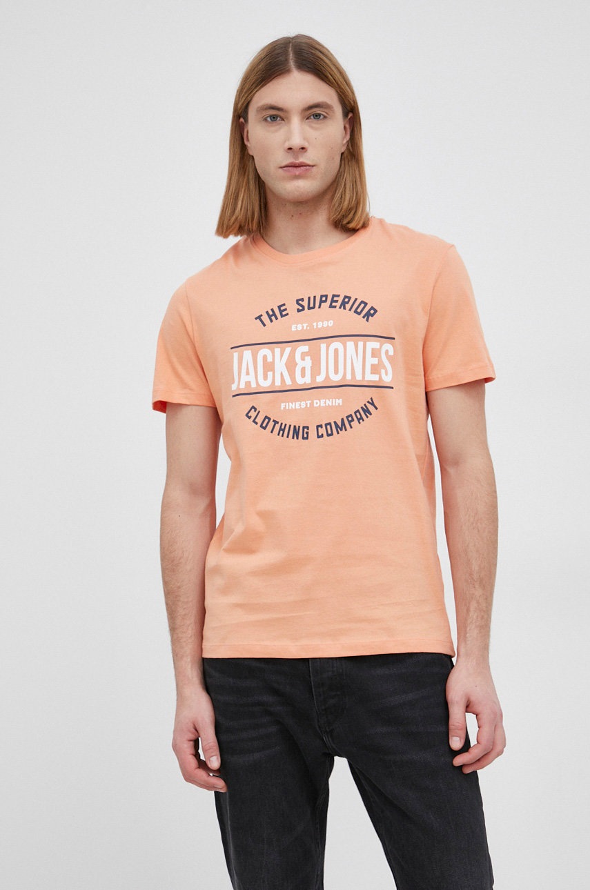 

Памучна тениска Jack & Jones в оранжево с принт, Оранжев