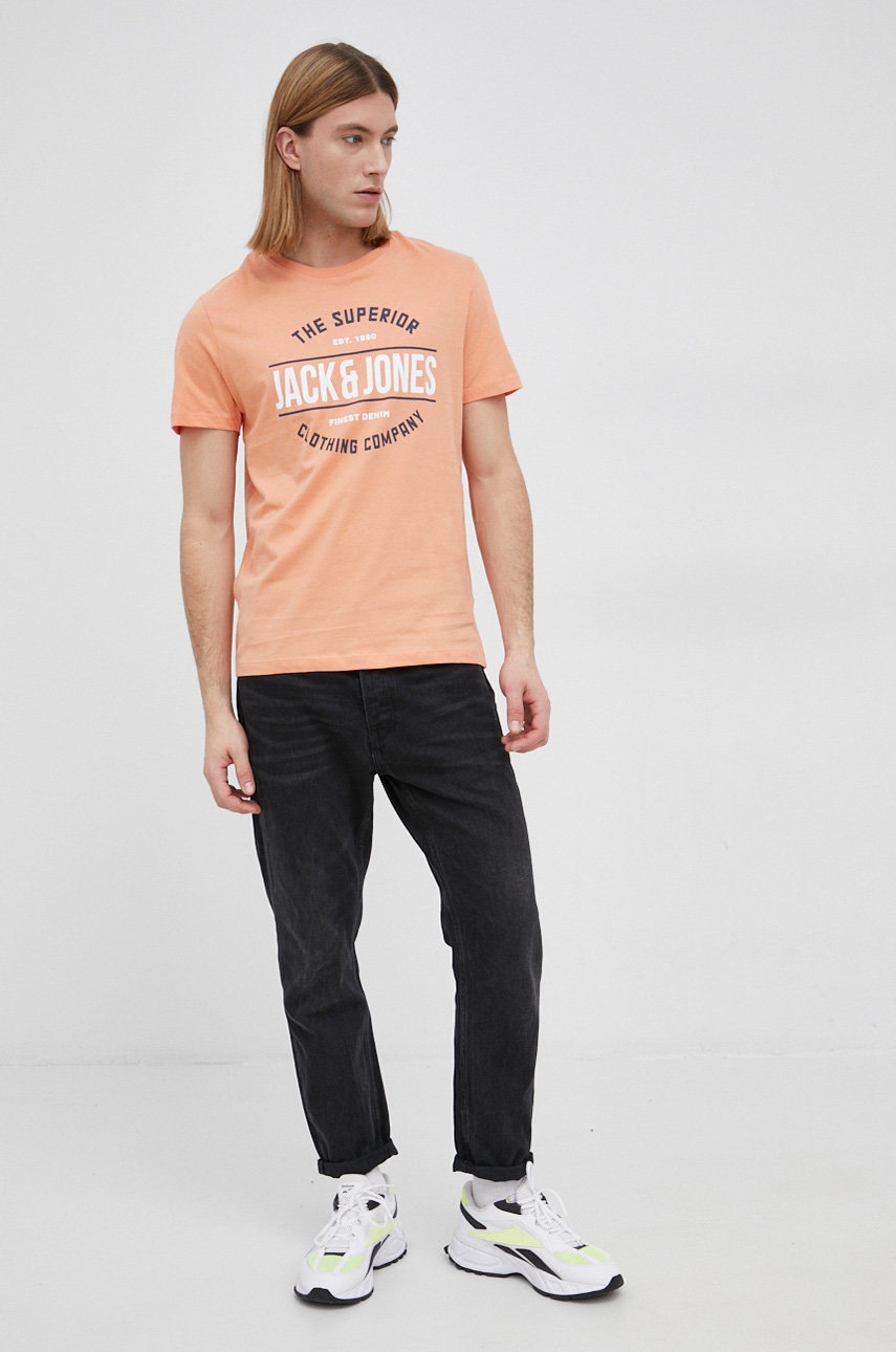 

Хлопковая футболка Jack & Jones цвет оранжевый с принтом