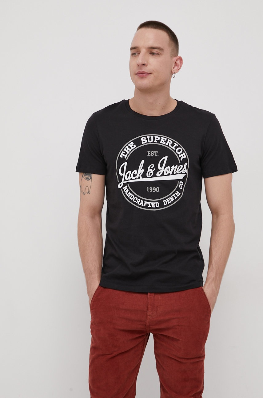 

Бавовняна футболка Jack & Jones колір чорний з принтом