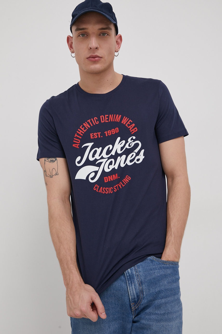 

Бавовняна футболка Jack & Jones колір синій з принтом