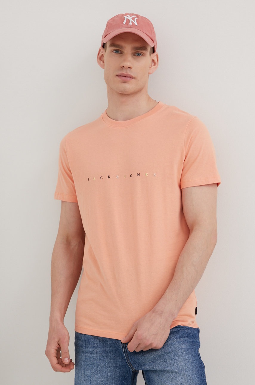 

Памучна тениска Jack & Jones в оранжево с принт, Оранжев