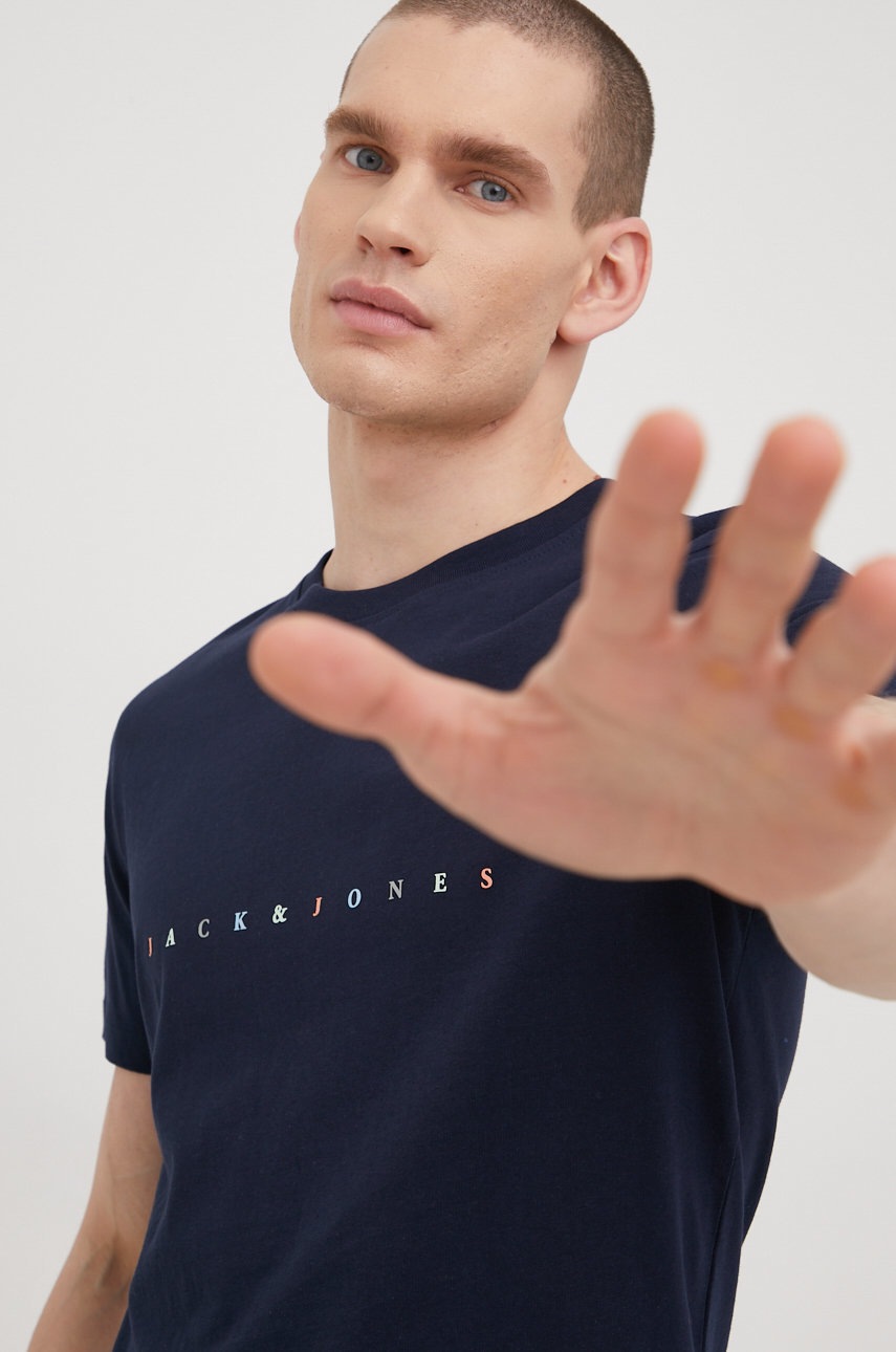 

Памучна тениска Jack & Jones в тъмносиньо с принт, Тъмносин
