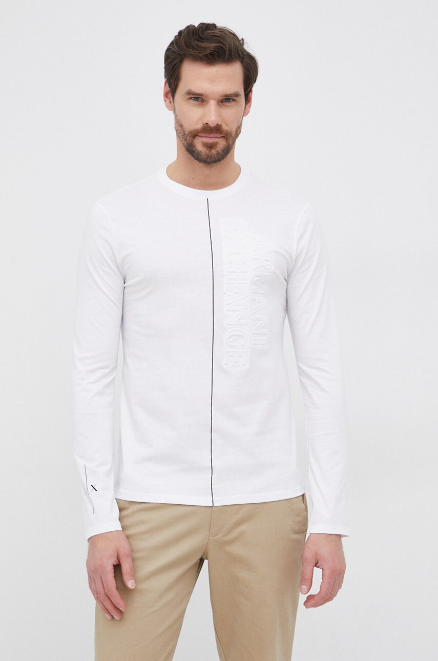 Armani exchange longsleeve din bumbac culoarea alb, cu imprimeu