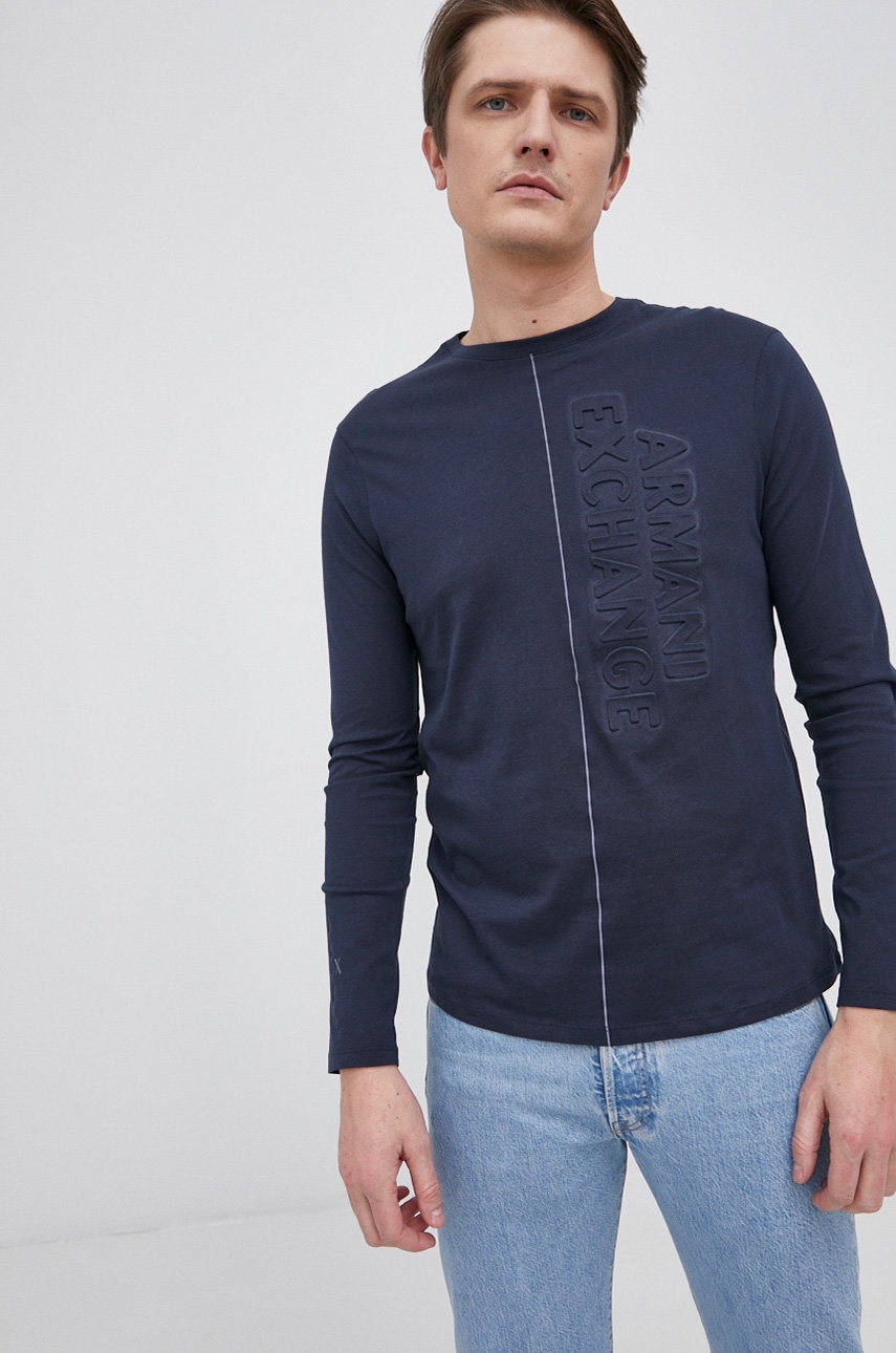 Armani Exchange Longsleeve din bumbac culoarea albastru marin, cu imprimeu Armani Exchange Longsleeve din bumbac culoarea albastru marin, cu imprimeu ANSWEAR