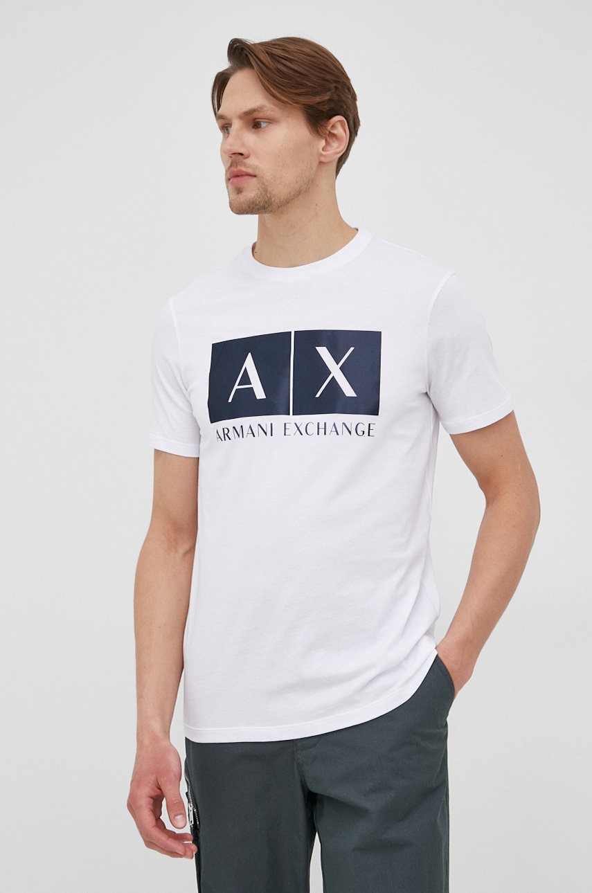

Памучна тениска Armani Exchange в бяло с принт, Бял