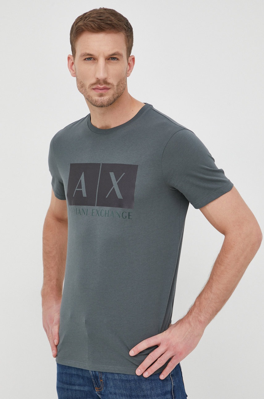 

Памучна тениска Armani Exchange в сиво с принт, Зелен