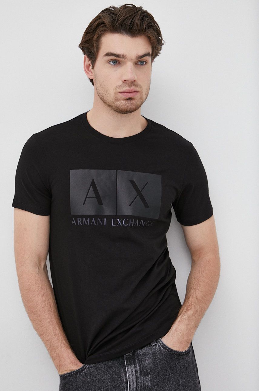 Armani Exchange tricou din bumbac culoarea negru, cu imprimeu ANSWEAR
