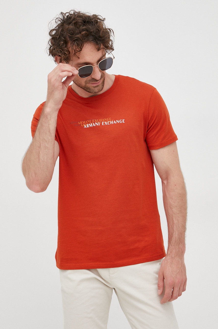 

Памучна тениска Armani Exchange в червено с принт, Оранжев