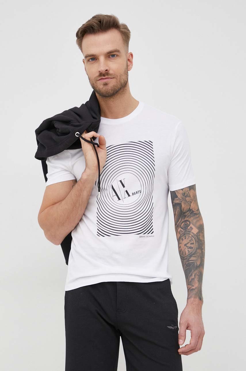 

Памучна тениска Armani Exchange в бяло с принт, Бял
