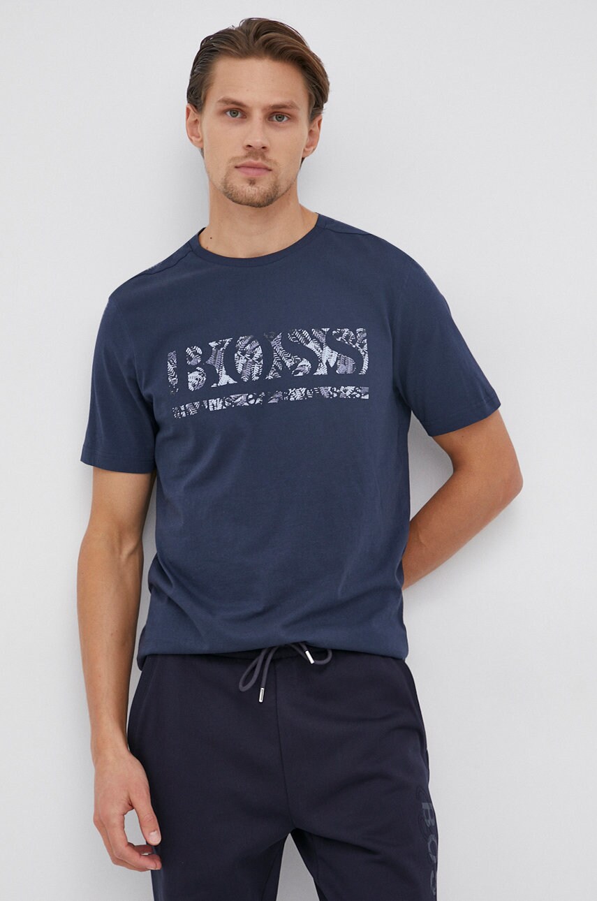Boss tricou din bumbac athleisure culoarea albastru marin, cu imprimeu