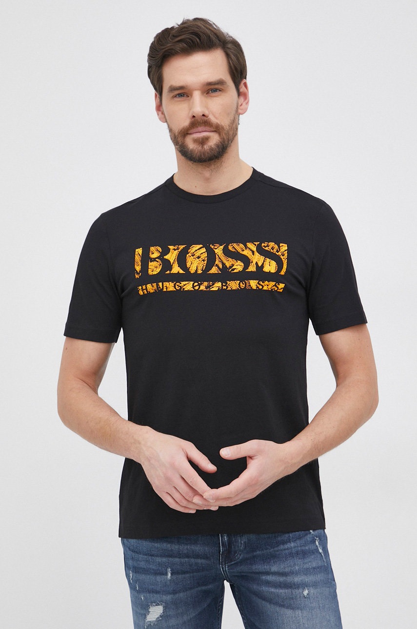 

Памучна тениска Boss Athleisure в черно с принт, Черен