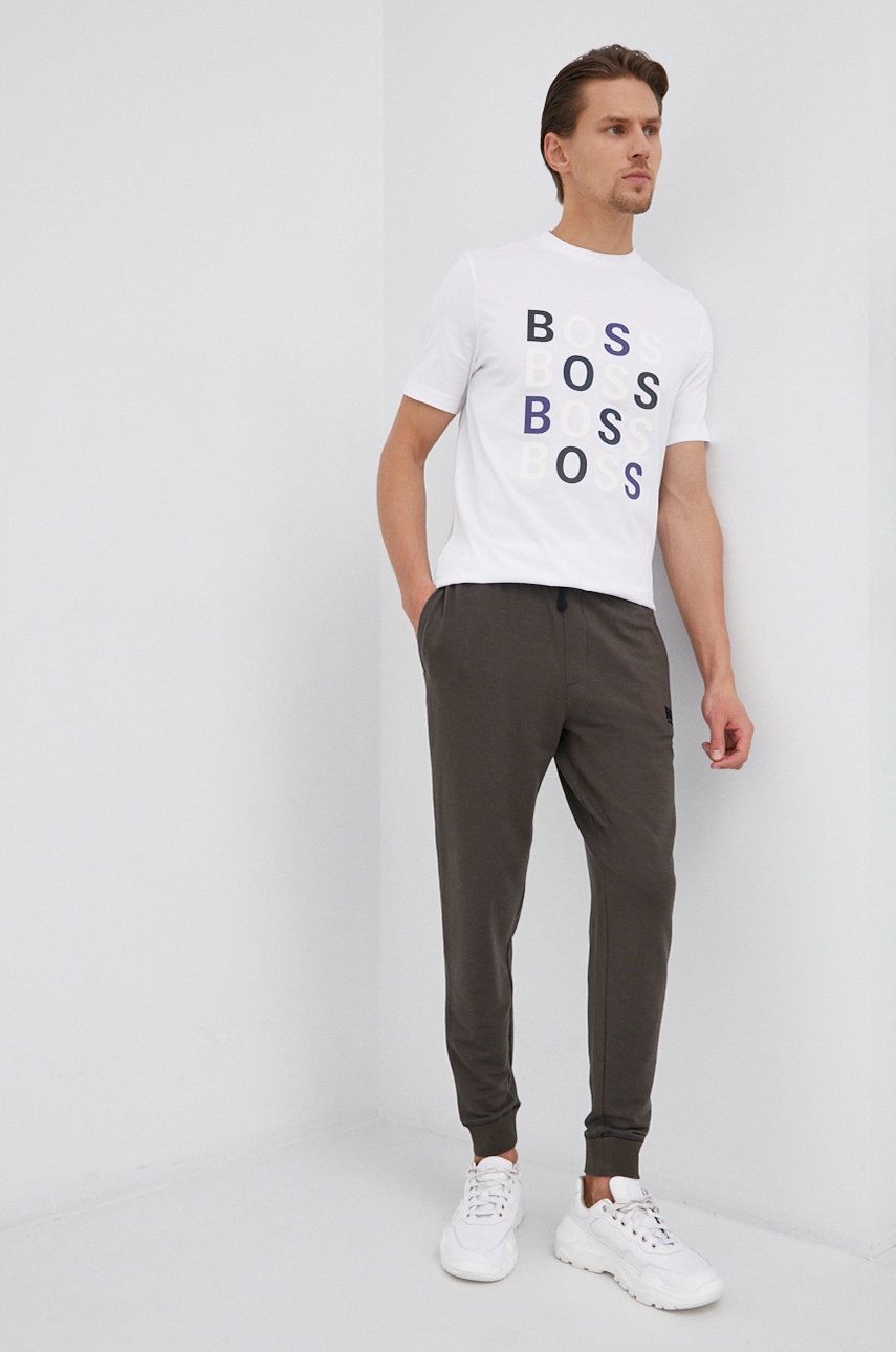 

Памучна тениска Boss в бяло с принт, Бял