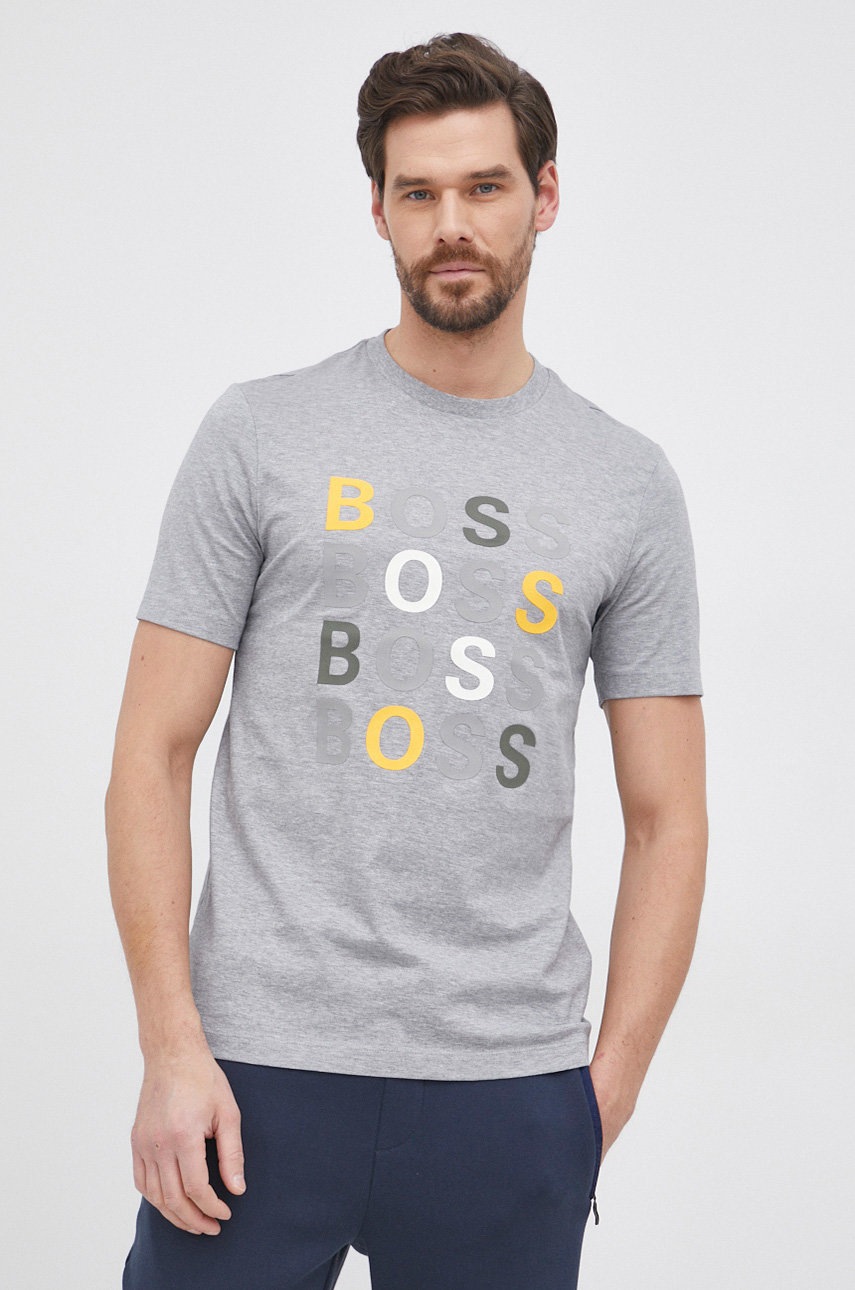 

Памучна тениска Boss в сиво с принт, Сив