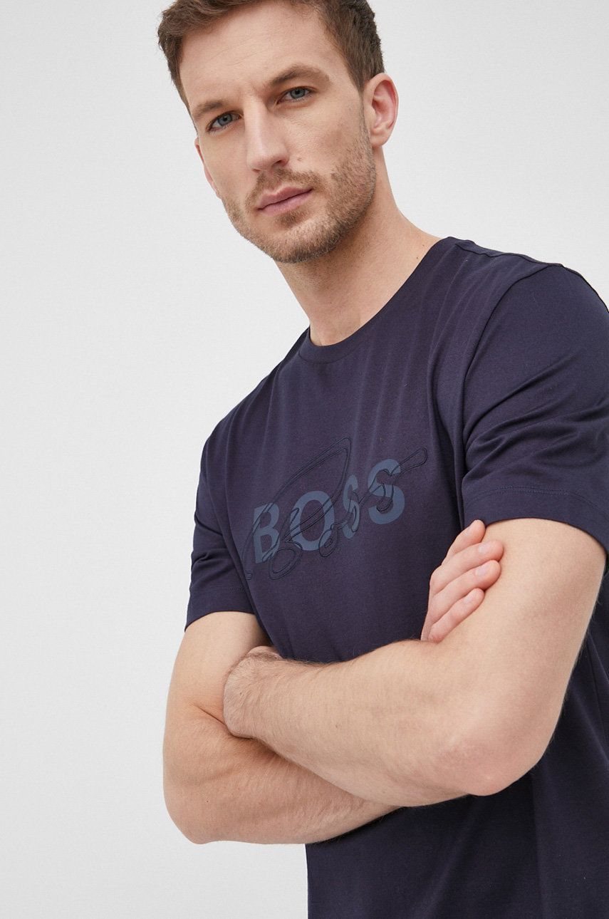 Boss tricou din bumbac culoarea albastru marin, cu imprimeu ANSWEAR