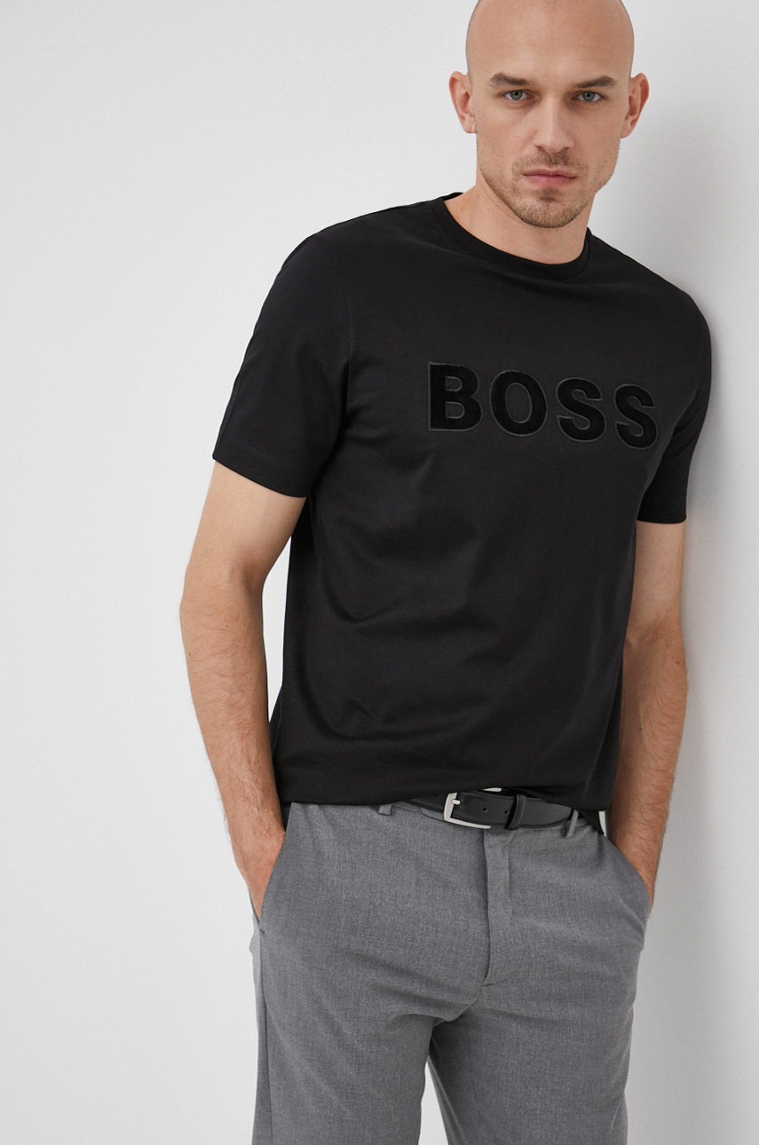 

Памучна тениска Boss в черно с принт, Черен