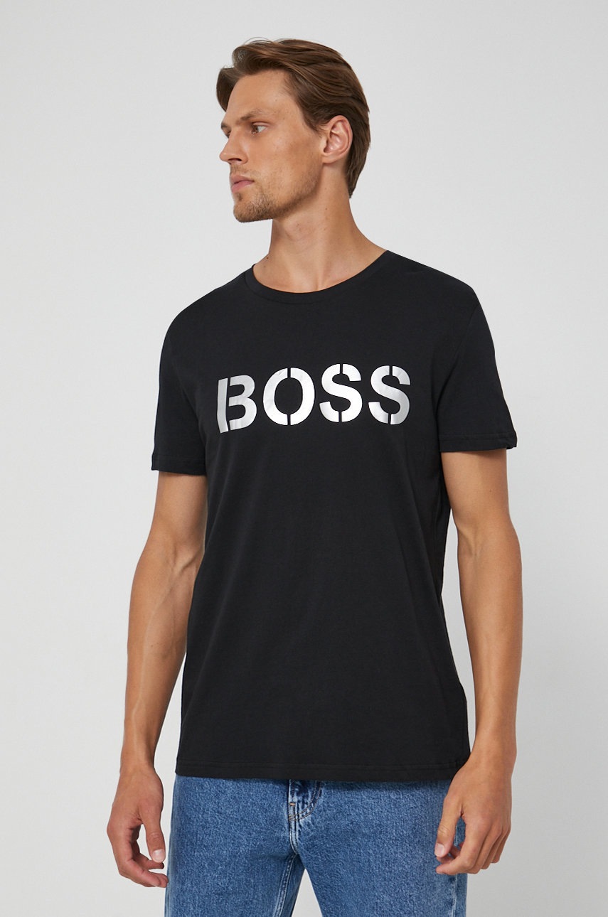 

Памучна тениска Boss в черно с принт, Черен