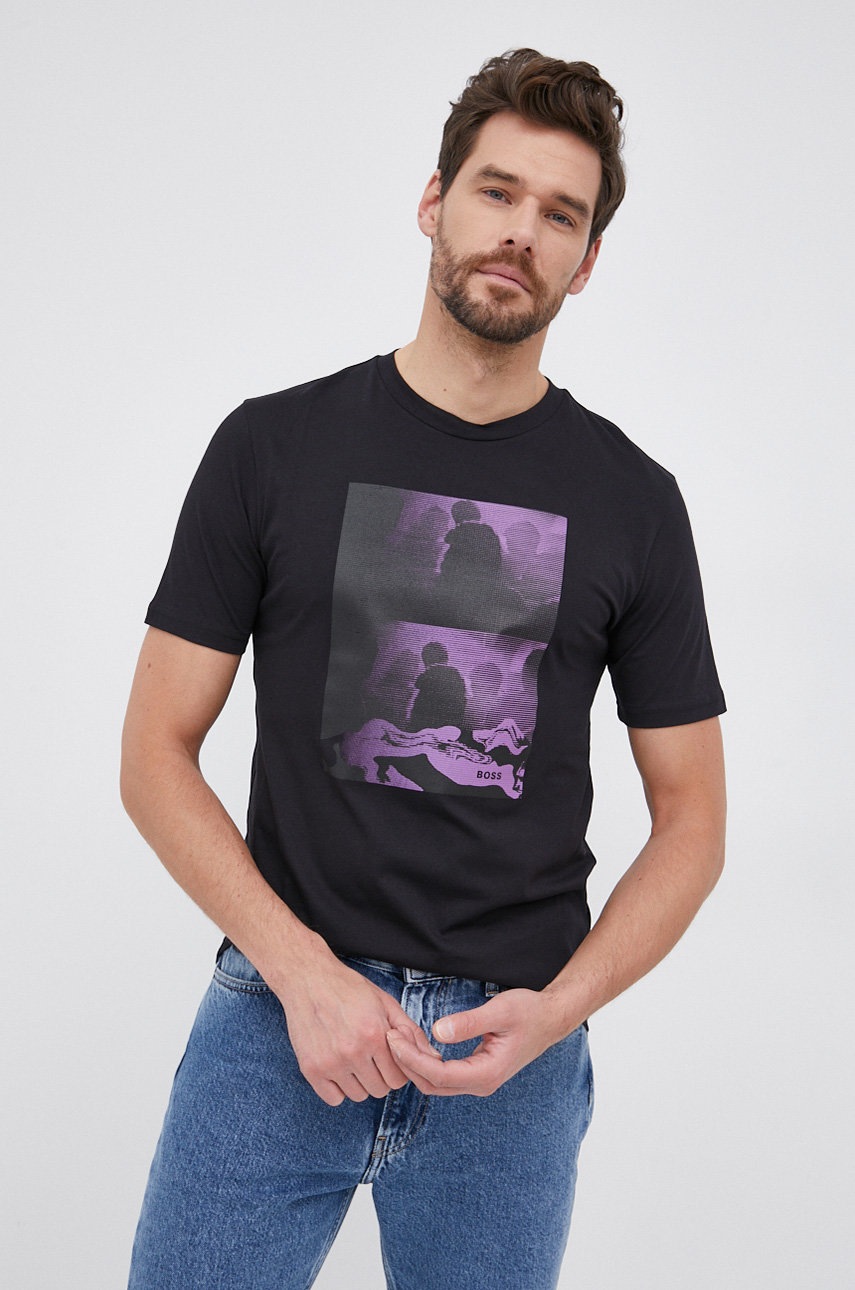 

Памучна тениска Boss Casual в черно с принт, Черен