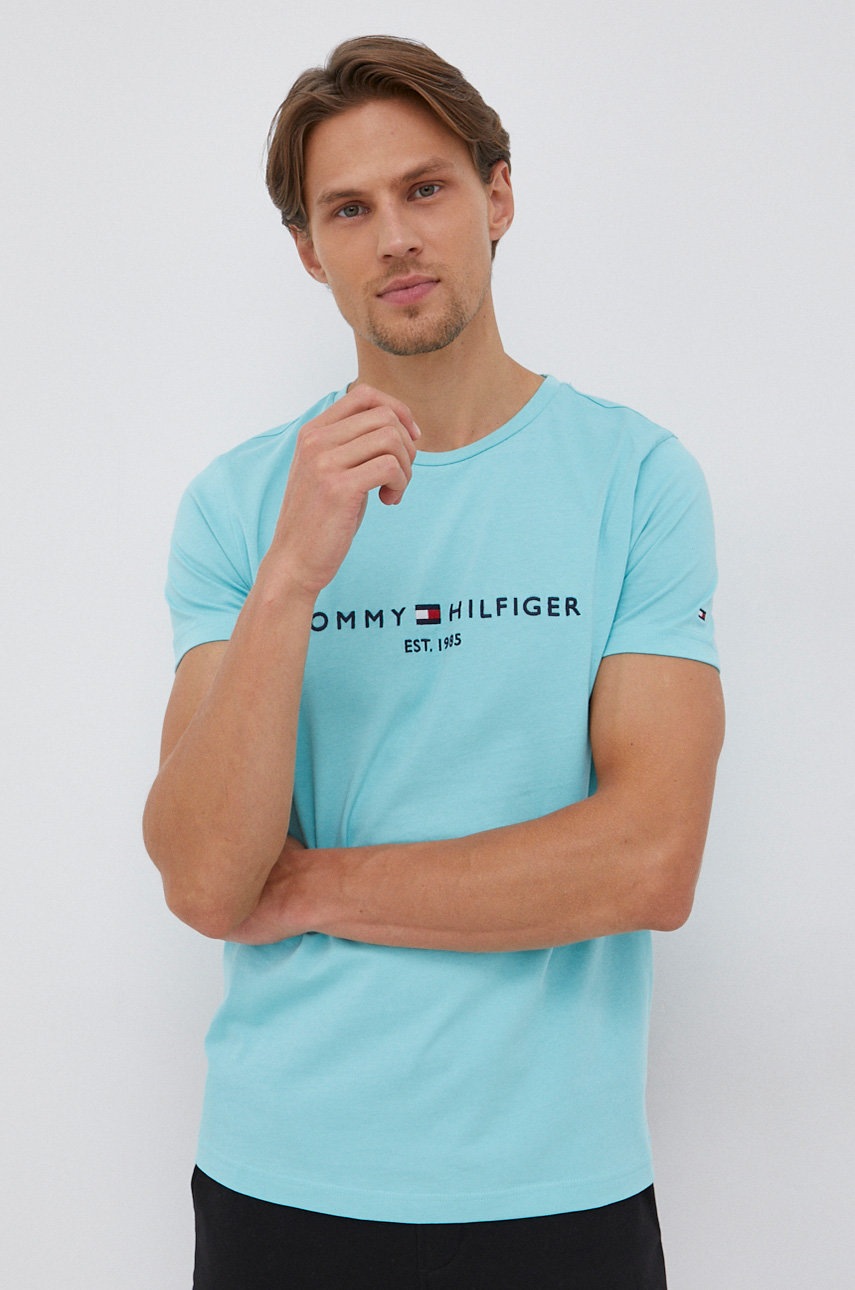 

Памучна тениска Tommy Hilfiger в тюркоазено с апликация, Тюркоазен