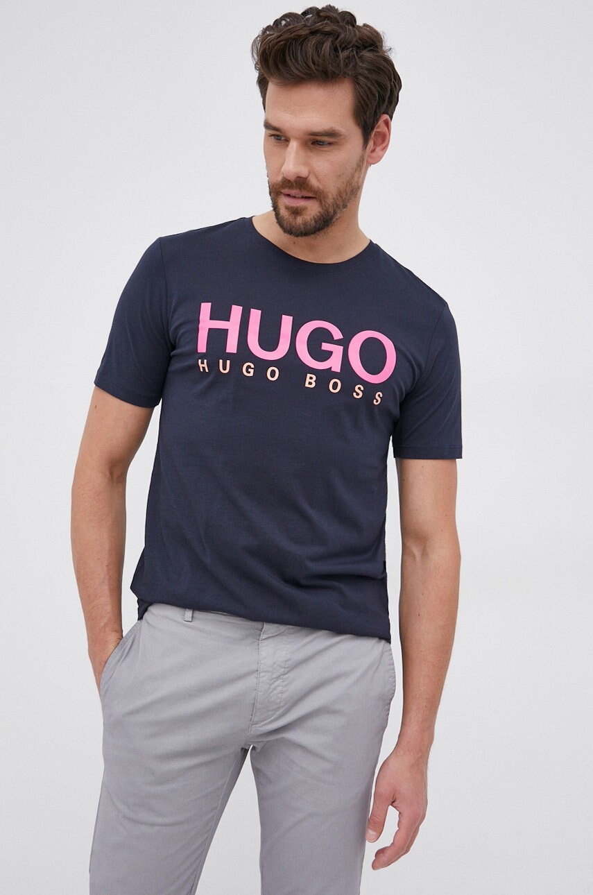 Hugo tricou din bumbac culoarea albastru marin, cu imprimeu