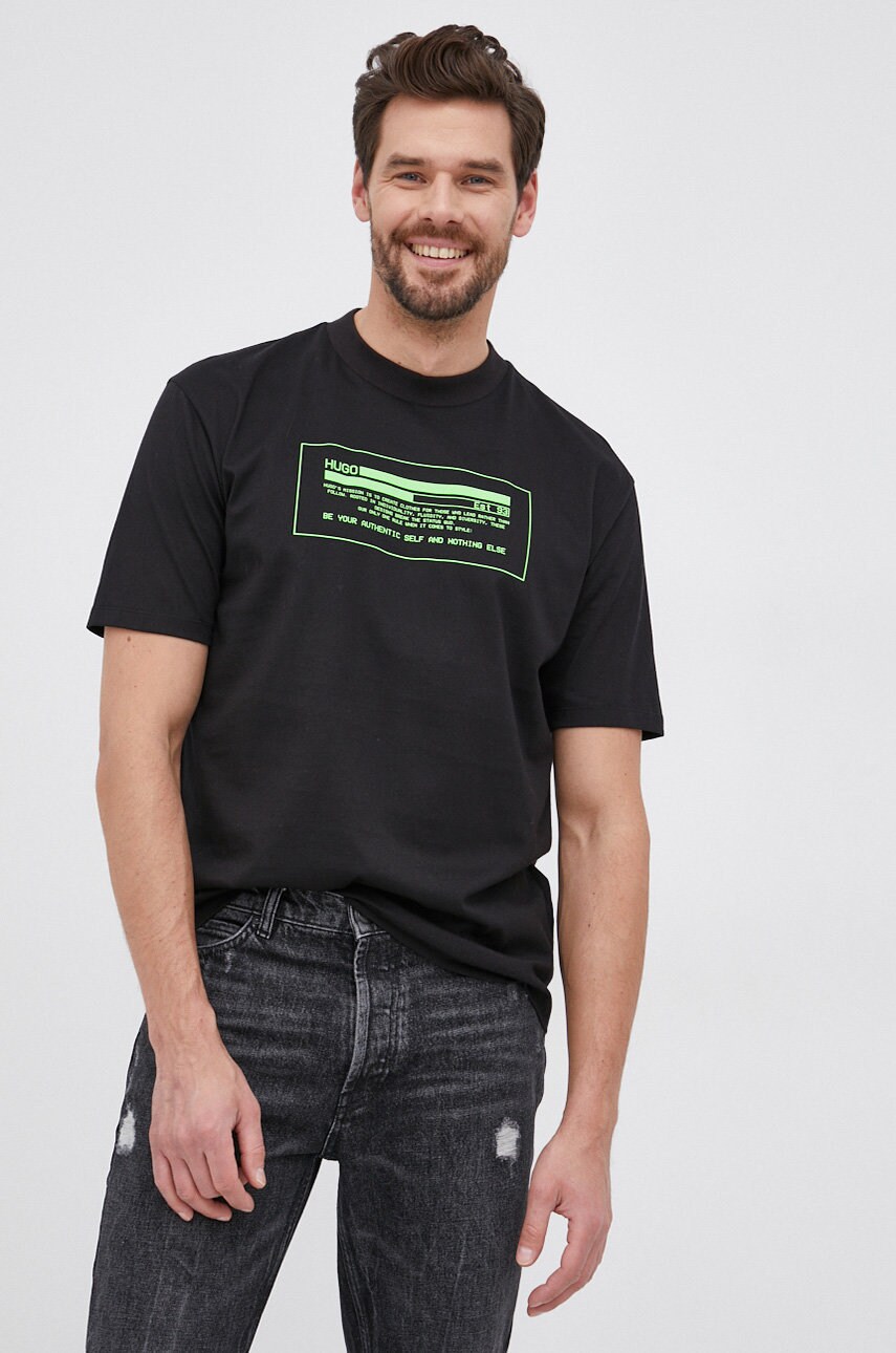 Hugo tricou din bumbac culoarea negru, cu imprimeu