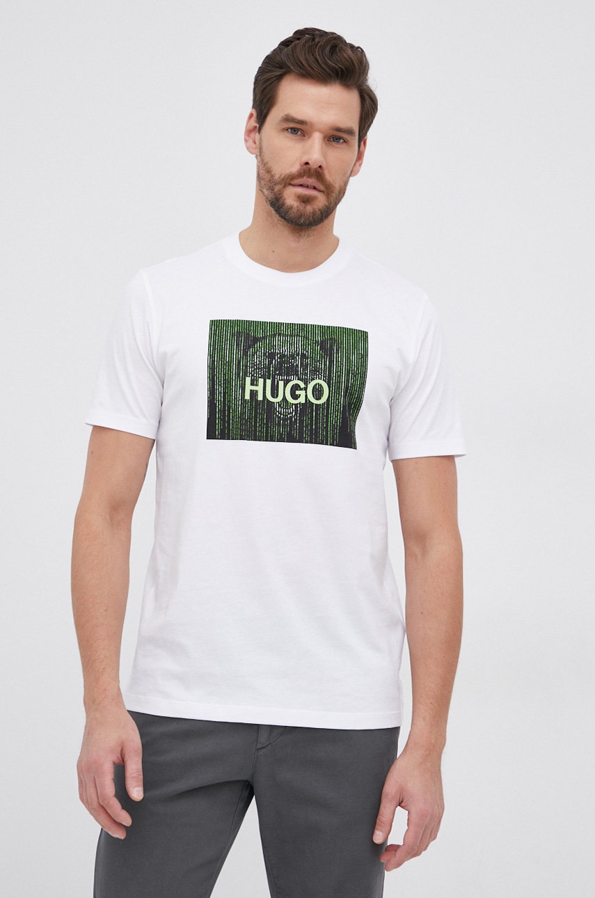 

Памучна тениска Hugo в бяло с принт, Бял
