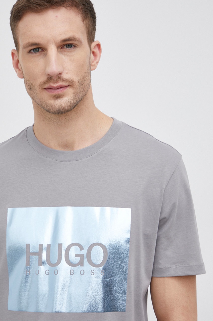 

Тениска Hugo мъжка в сиво с принт, Сив