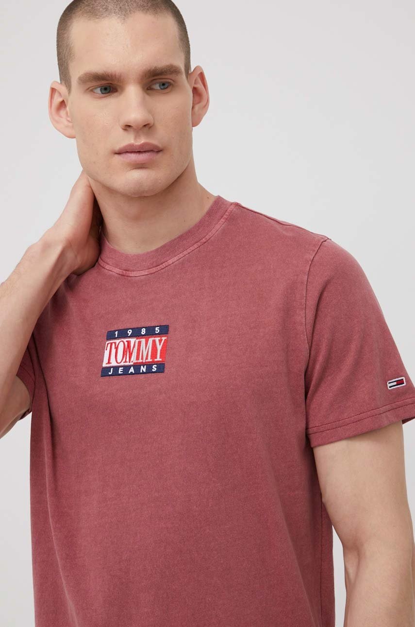 

Памучна тениска Tommy Jeans в розово с апликация, Розов
