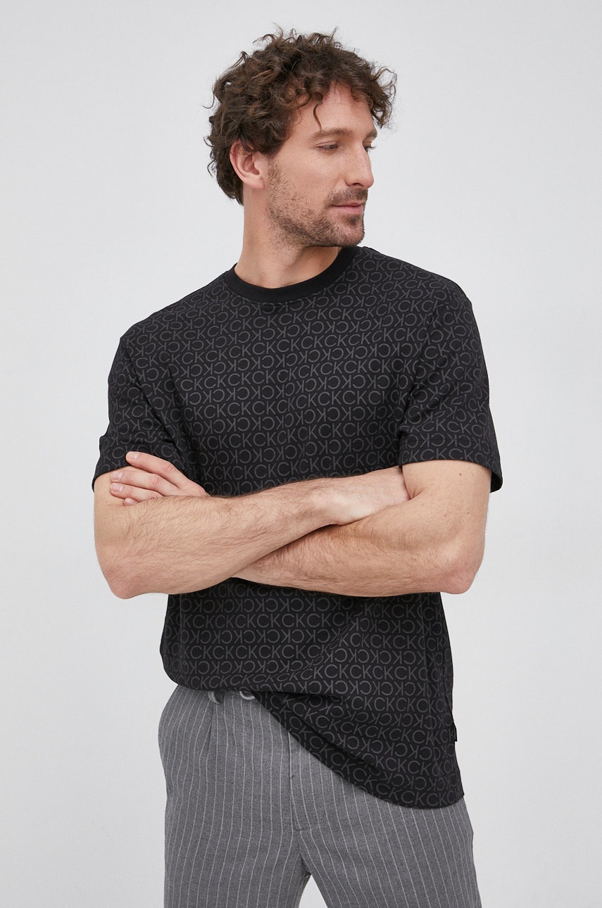 

Памучна тениска Calvin Klein в черно с десен, Черен