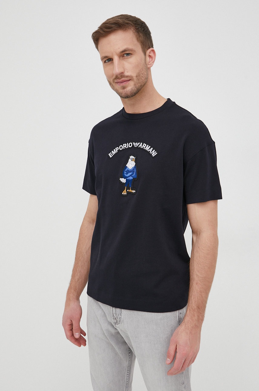 

Памучна тениска Emporio Armani в тъмносиньо с апликация, Тъмносин