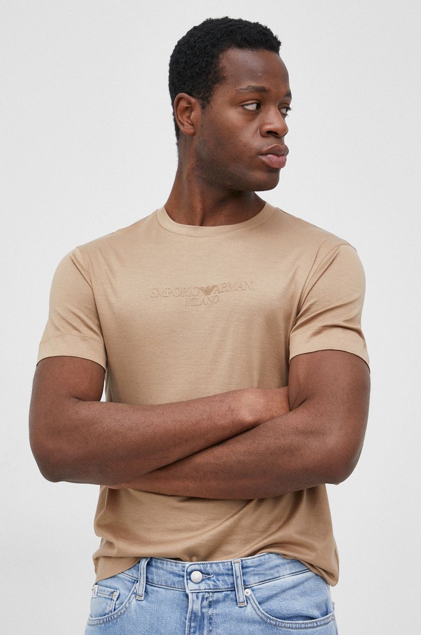 Emporio Armani t-shirt męski kolor brązowy gładki