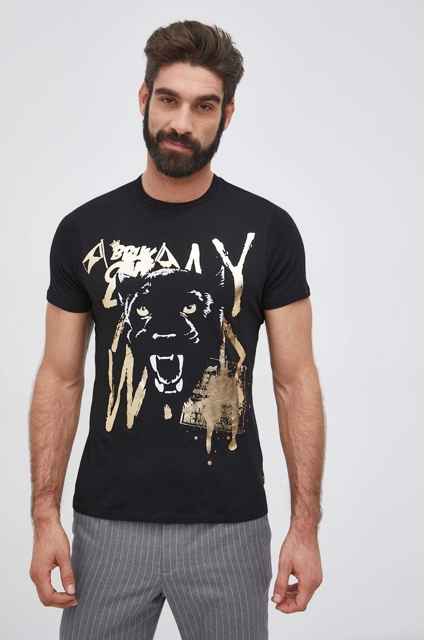 

Памучна тениска Guess в черно с принт, Черен