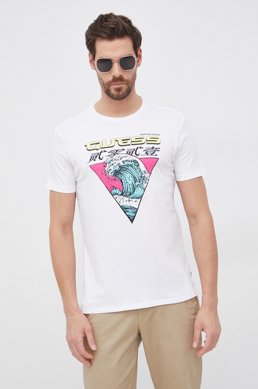 

Памучна тениска Guess в бяло с принт, Бял
