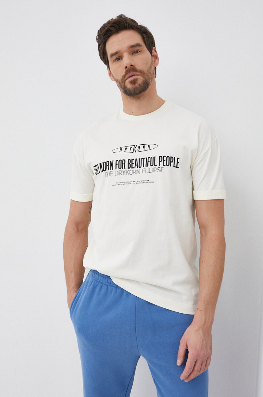 Drykorn tricou din bumbac thilo el2 culoarea crem, cu imprimeu
