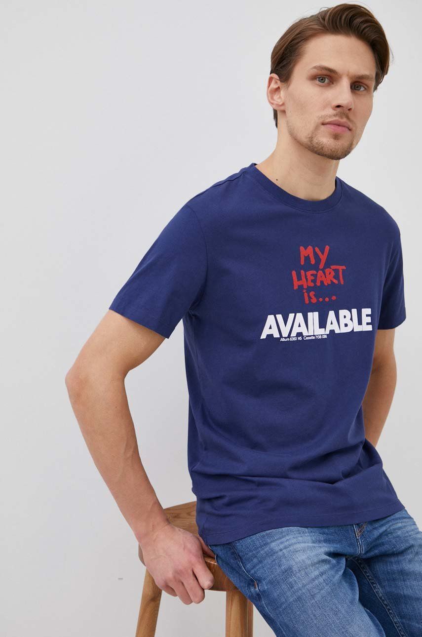 Bavlněné tričko Desigual tmavomodrá barva, s potiskem - námořnická modř -  100% Bavlna Pok