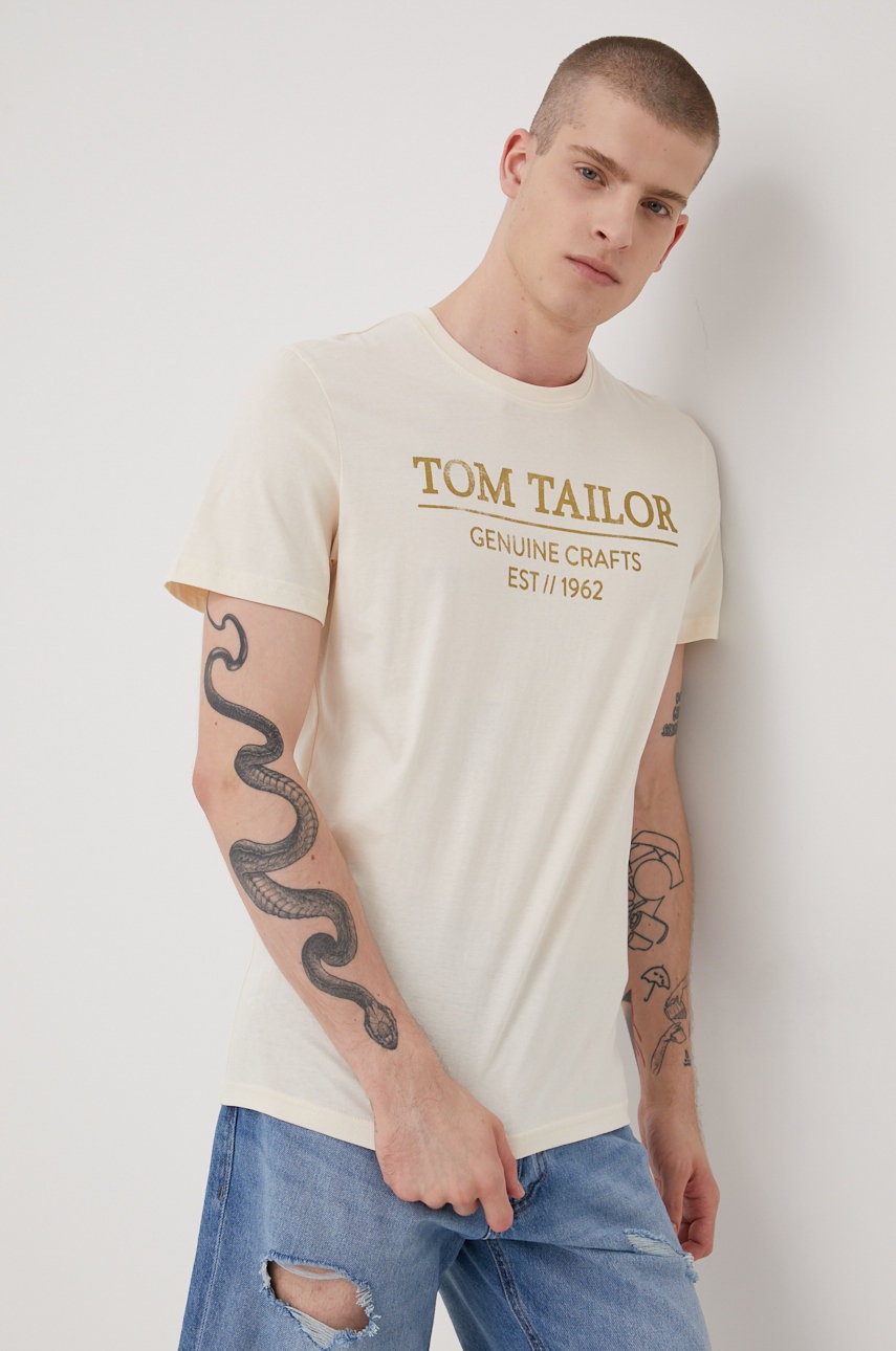 

Памучна тениска Tom Tailor в бежово с принт, Бежов