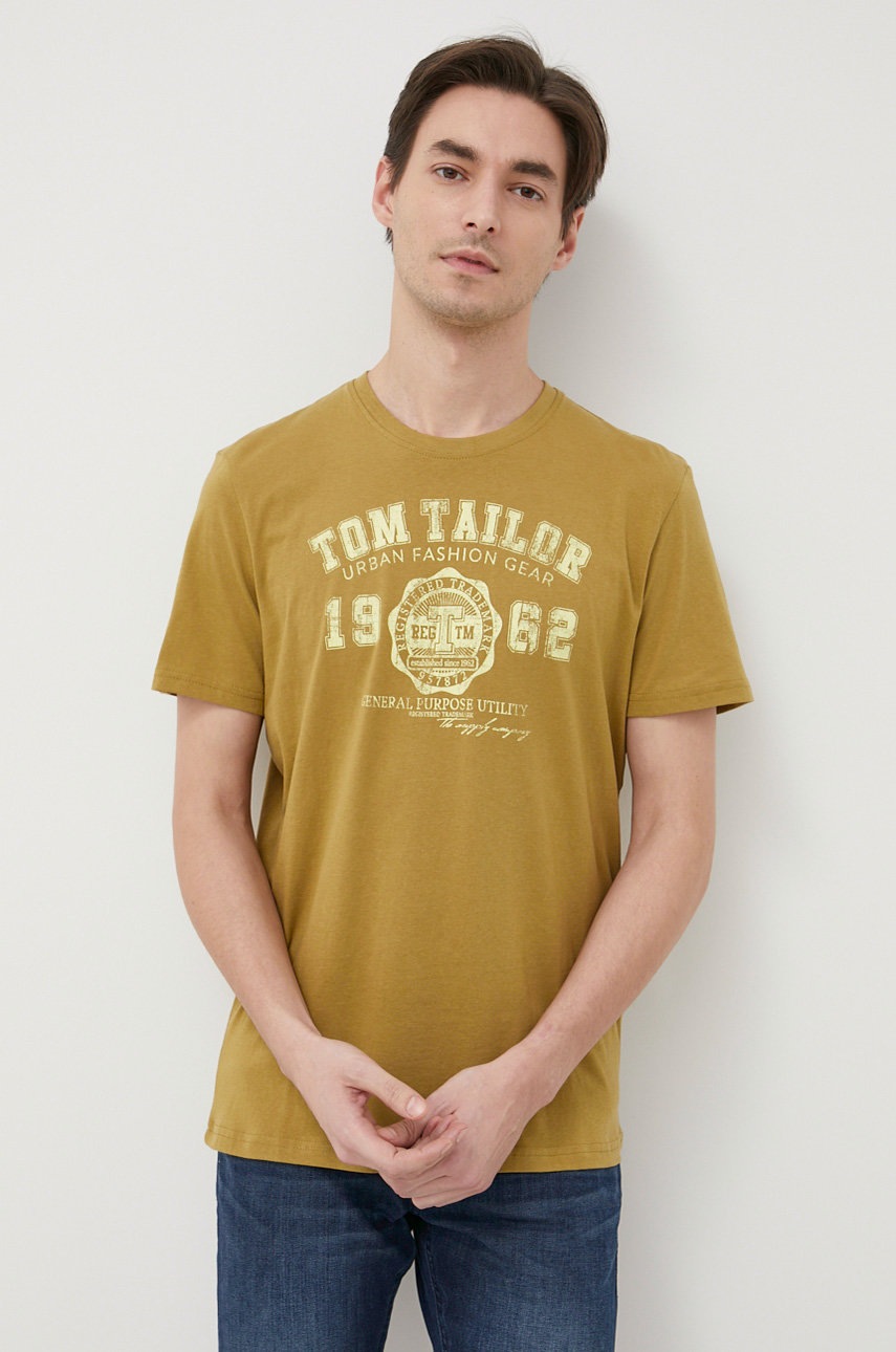 

Памучна тениска Tom Tailor в зелено с принт, Зелен