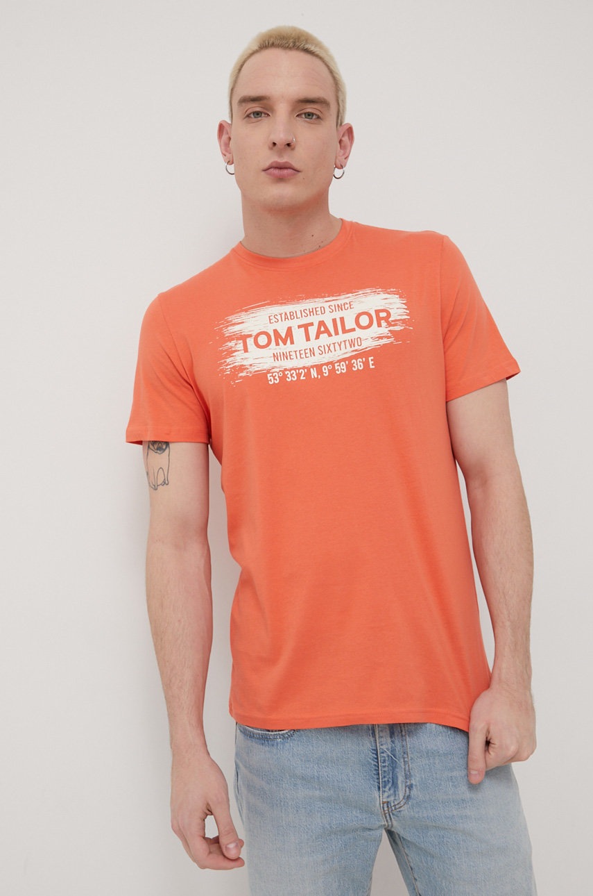 

Памучна тениска Tom Tailor в оранжево с принт, Оранжев