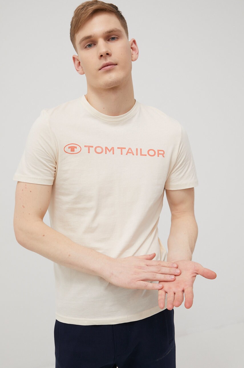

Памучна тениска Tom Tailor в бежово с принт, Бежов