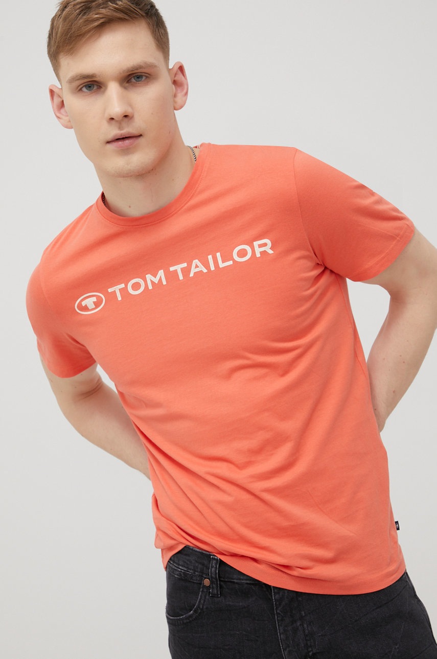 

Памучна тениска Tom Tailor в оранжево с принт, Оранжев