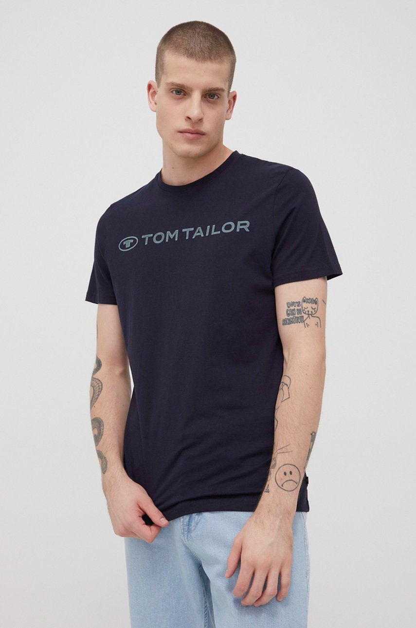 

Памучна тениска Tom Tailor в тъмносиньо с принт, Тъмносин