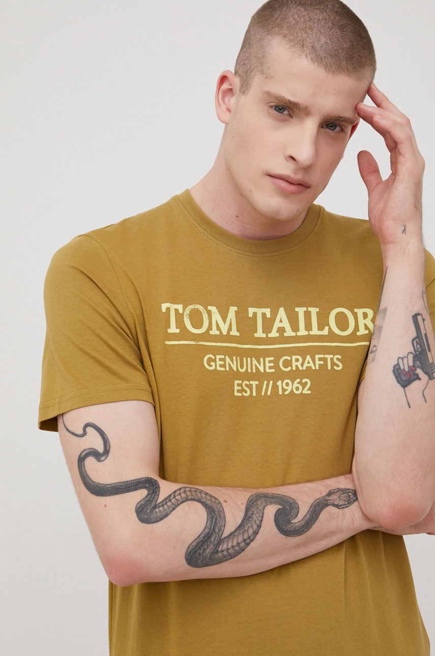 

Памучна тениска Tom Tailor в зелено с принт, Зелен