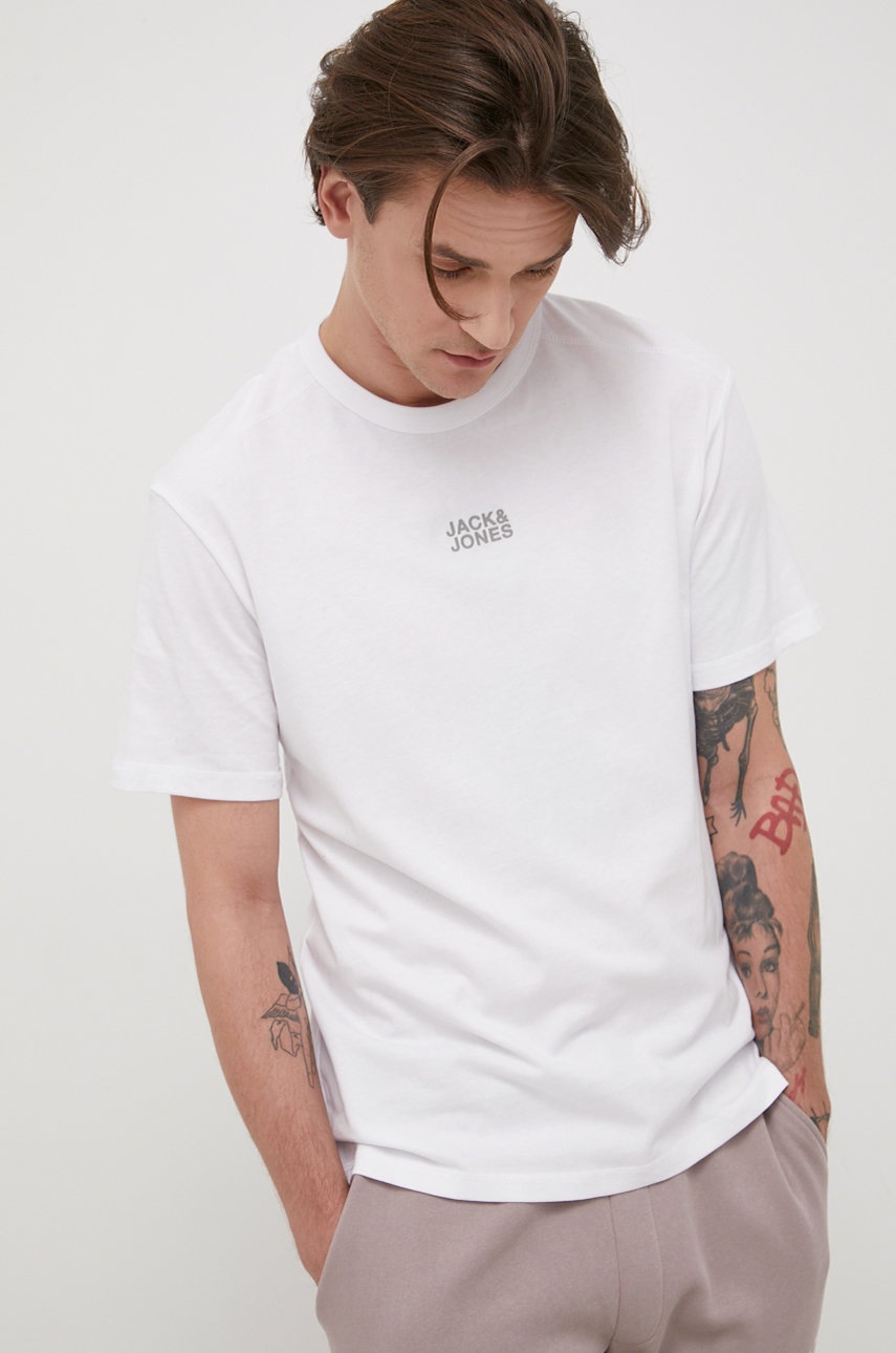 

Памучна тениска Jack & Jones в бяло с принт, Бял